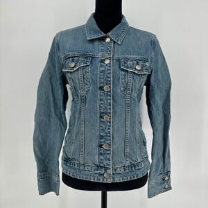 Vintage J.Crew Blue Denim Trucker Jean Jacket Distressed Y2K Women's Medium